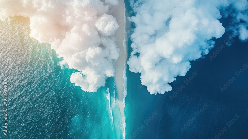 Poster aerial split view of vibrant sky and sea showcasing intricate cloud formations with ample space for 