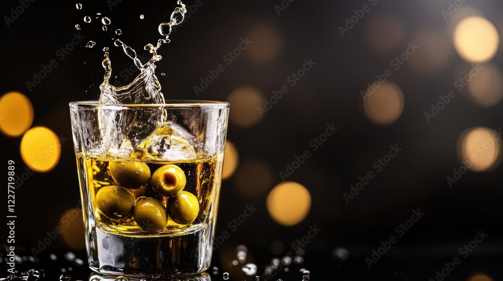 Poster splash of vodka with green olives in a glass against a black background with bokeh effects and empty