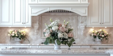 Charming kitchen interior featuring white cabinetry and floral arrangements with ample space for text or promotional content