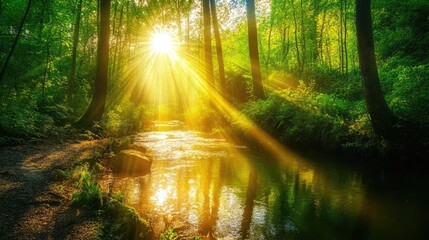 Naklejka premium Tranquil woodland creek with sunlight filtering through trees and glistening on serene water surface in a lush green environment