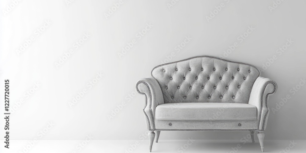 Poster elegant vintage light gray sofa on minimalistic white background with ample space for text or brandi