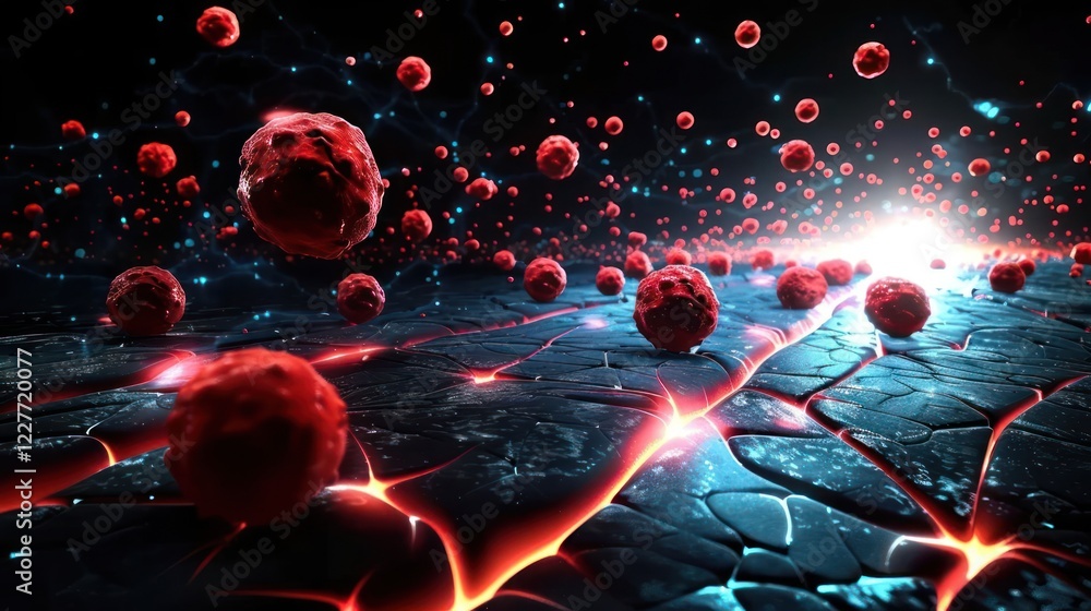 Aufkleber abstract representation of red particles moving through a dark, textured surface with glowing lines