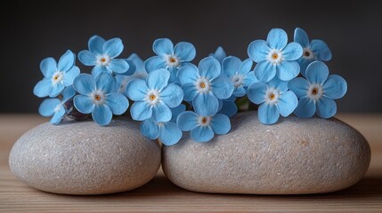 Forget-me-nots on stones, zen spa background