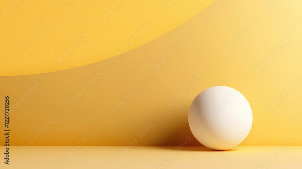 Poster spherical object resting on a dual tone yellow background with ample empty space for text placement 