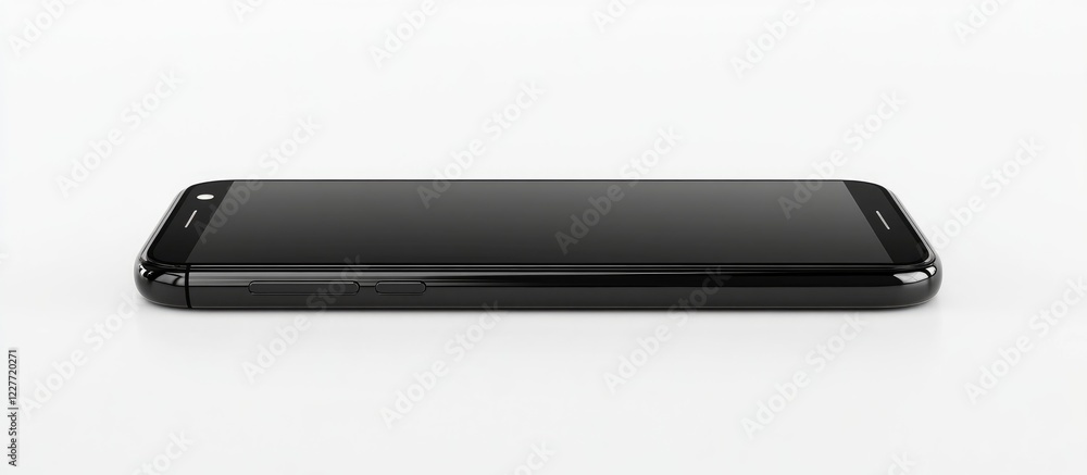 Aufkleber Black smartphone mockup on white background with empty copyspace for text highlighting design and features in minimalistic style.
