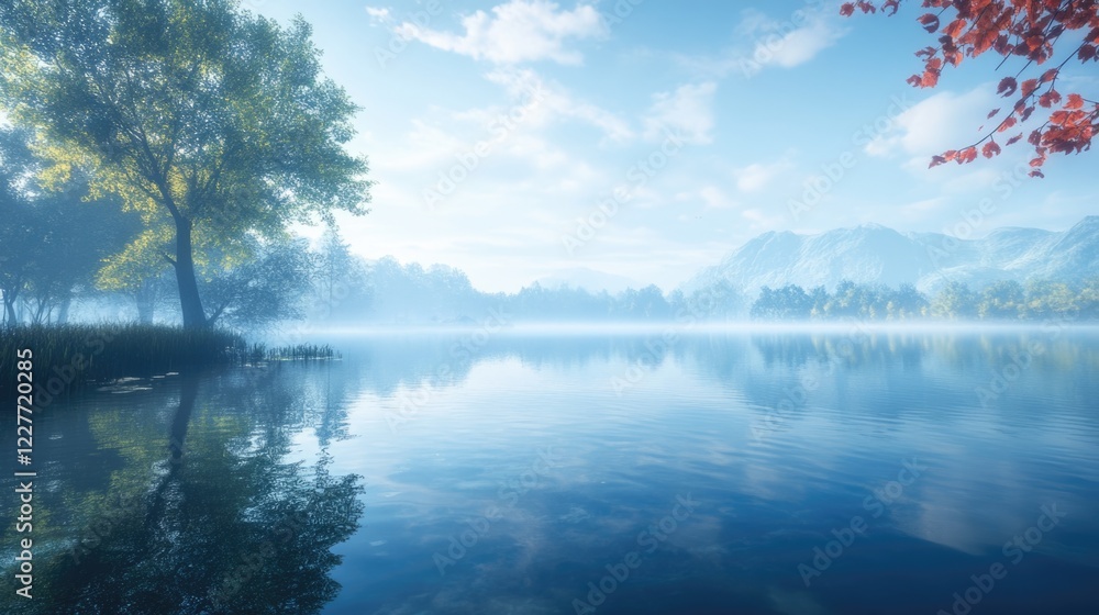 Aufkleber Tranquil lake scene with smooth water surface and soft reflections surrounded by lush greenery and misty mountains in the background