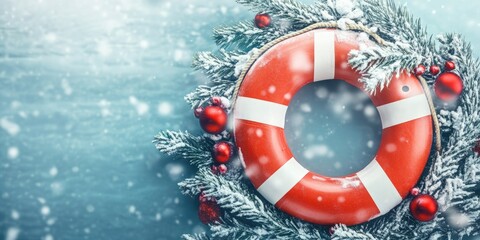 Elegant lifebuoy adorned with winter wreath and decorative elements featuring empty space for personalized text in a snowy setting