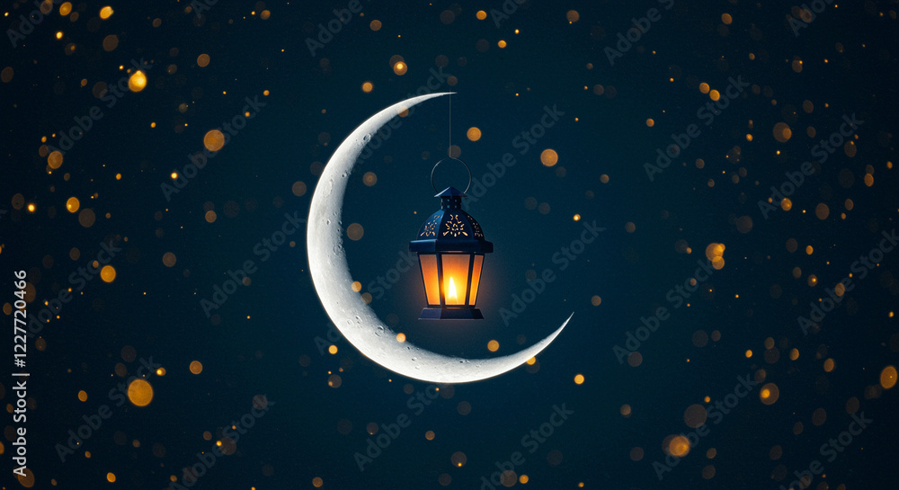 Poster lantern hanging on crescent moon with light. crescent moon with lantern and bokeh lights in the nigh