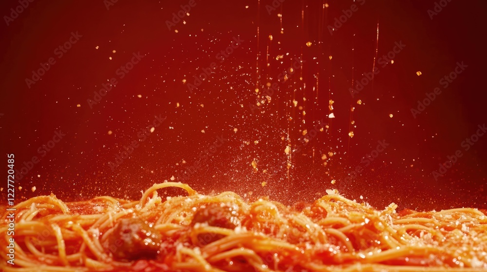 Poster spaghetti and meatballs in marinara sauce with a dynamic splash effect and ample space for text or b