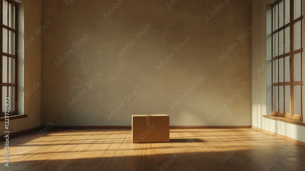 Poster empty room with wooden floor featuring a dry cardboard box mockup and sunlight streaming through lar