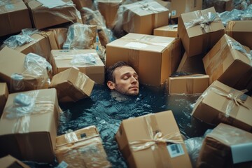 Man floating in water amidst numerous cardboard packages