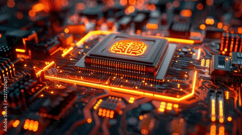 Poster close-up view of a glowing microchip on a circuit board, showcasing intricate connections and techno