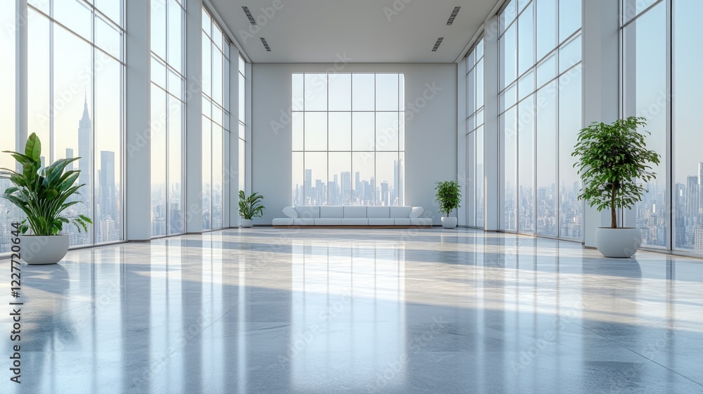 Poster modern spacious hall with large panoramic windows overlooking city skyline bright airy design with a