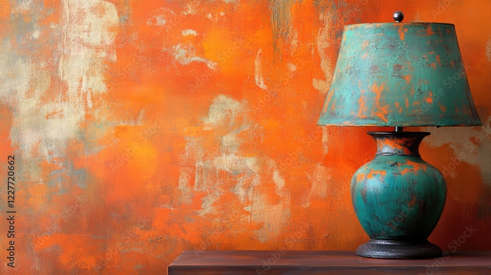 Poster rustic lamp with bold green and orange design against a vibrant orange textured background creating 