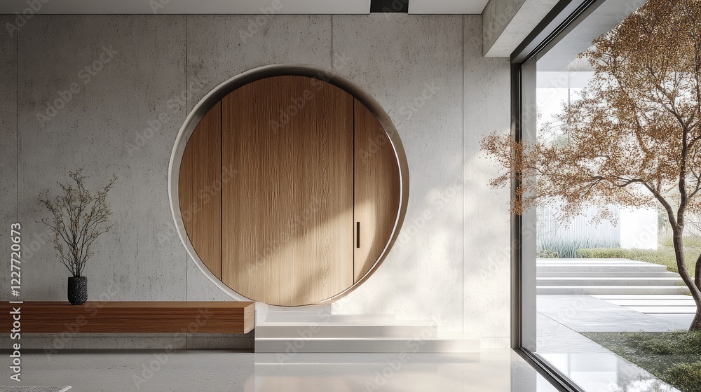 Poster minimalist entryway design showcasing a round wooden door and elegant console in a modern architectu