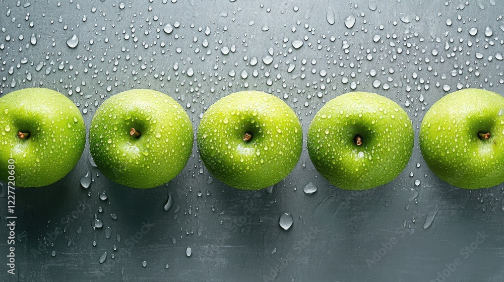 Poster fresh green apples lined up with water droplets on a textured gray surface highlighting freshness an