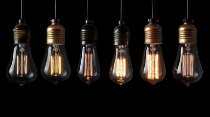 Obraz premium A collection of hanging lightbulbs with exposed filaments against a plain black background.