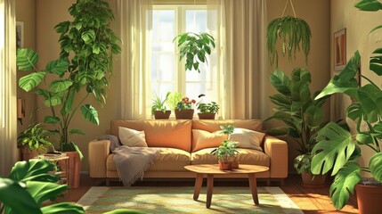 Cozy living room with soft furniture and lush indoor plants creating a warm and inviting atmosphere decorated with natural elements