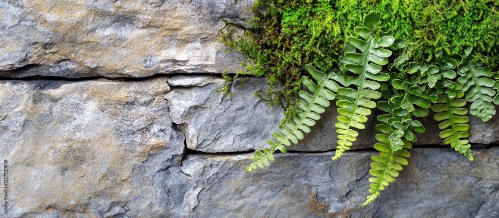 Poster lush green moss and vibrant fern leaves against a textured stone wall creating a serene natural gard