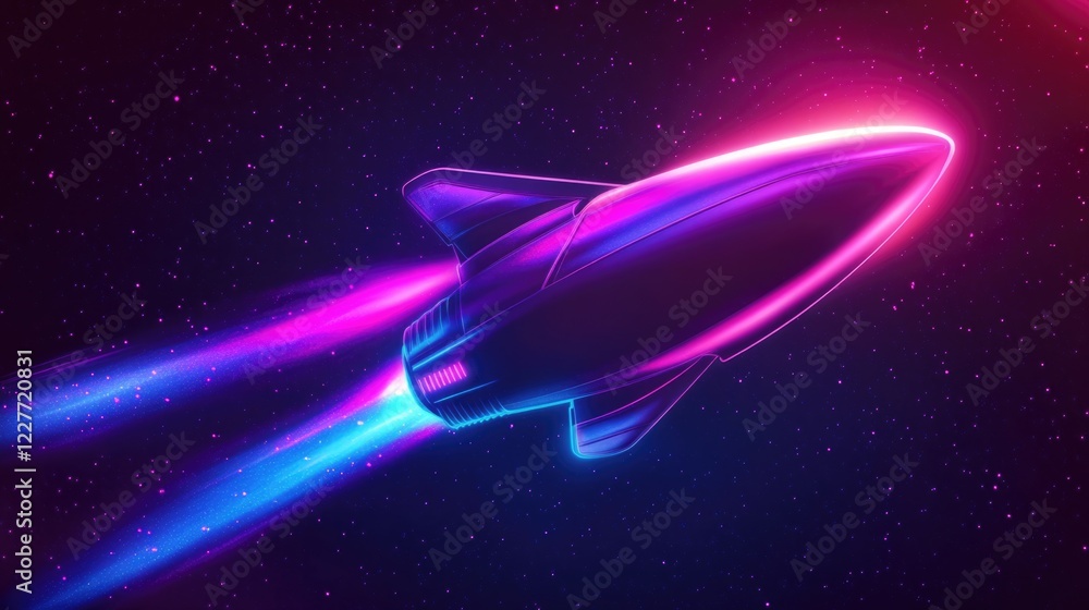 Poster futuristic spaceship gliding through neon nebula with vibrant lighting and space for custom text