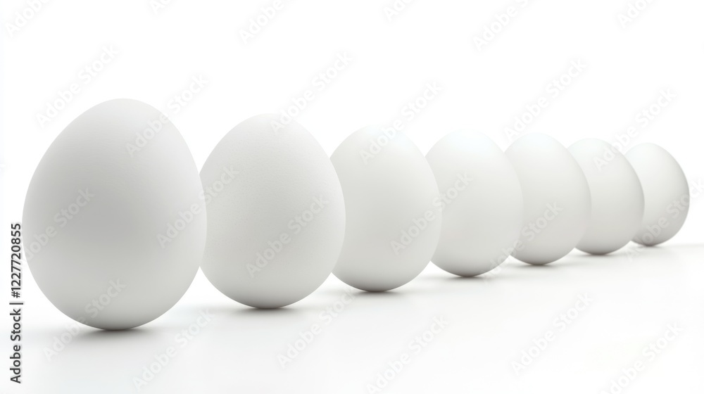 Poster Row of white eggs neatly lined up on a clean white background showcasing simplicity and minimalism in food imagery