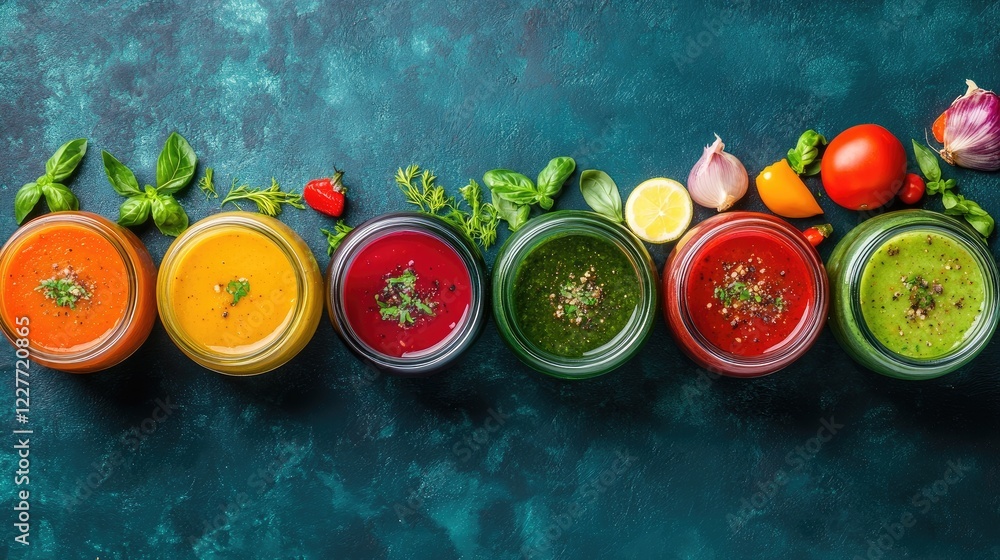 Poster assorted vegetable soups in mason jars with fresh ingredients on dark turquoise background healthy e