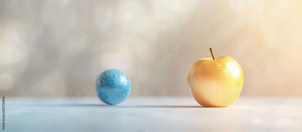 Poster golden apple and blue sphere on a soft blurred background showcasing minimalism and elegance with am