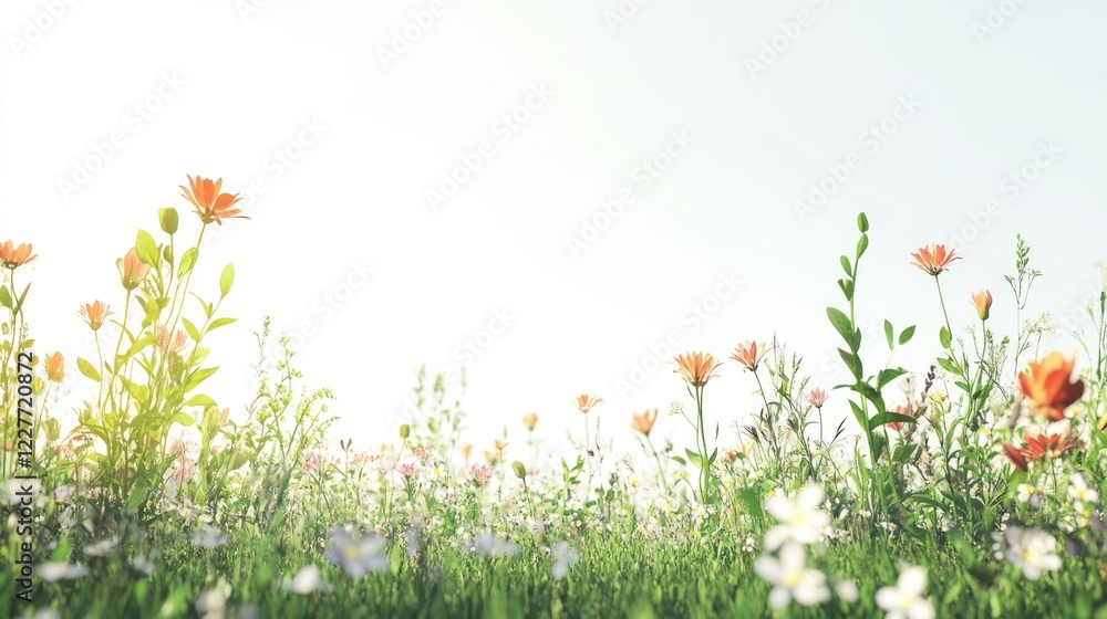 Poster bright spring meadow filled with blooming wildflowers under sunlight creating a vibrant and airy bot
