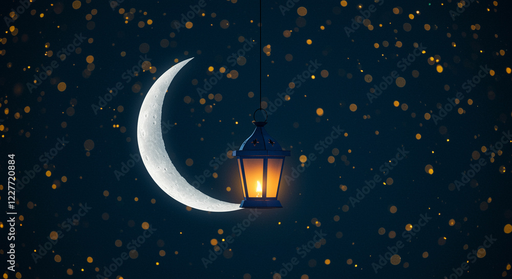 Aufkleber lantern and moon with bokeh lights. lantern hanging near moon with bokeh lights on dark background. 