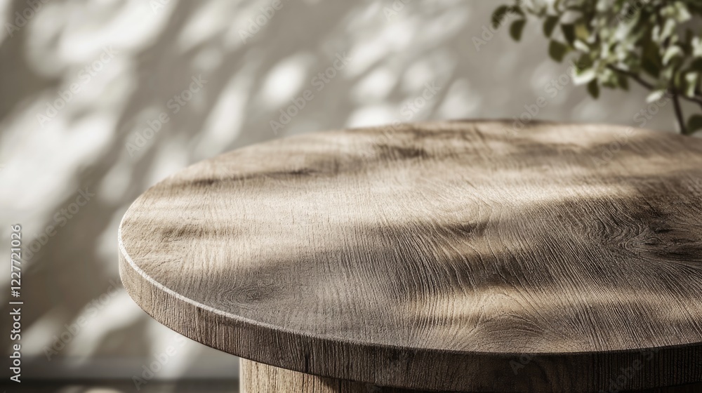 Poster Textured rustic wooden table surface with soft natural light and shadows ideal for product display and customizable text area.