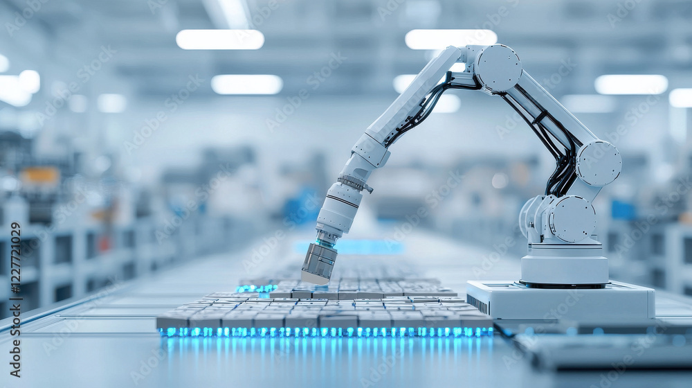 Poster automated robotic arm sorting packages in modern warehouse environment, showcasing advanced technolo