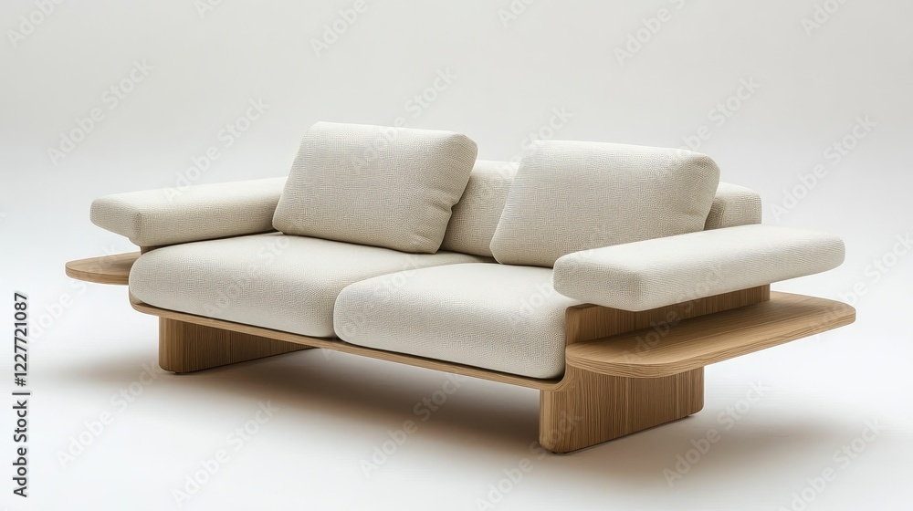 Poster Minimalist sofa with soft cushions and coffee table space in a stylish modern interior setting against a clean white background.