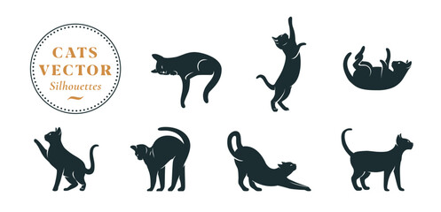 Cat Logo Vector Silhouettes Set. Pet Kitten Icon Illustrations Outline Abstract Isolated Cartoon Graphic Collection. Sleeping, Walking, Yoga Stretching and Sitting Calm Elegant Animals