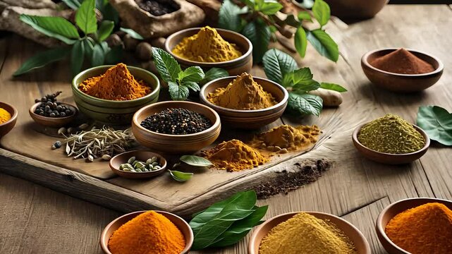 Assorted Colorful Spices in Wooden Bowls on a Rustic Table with Herbs and Seeds in a Warm Culinary Setting

