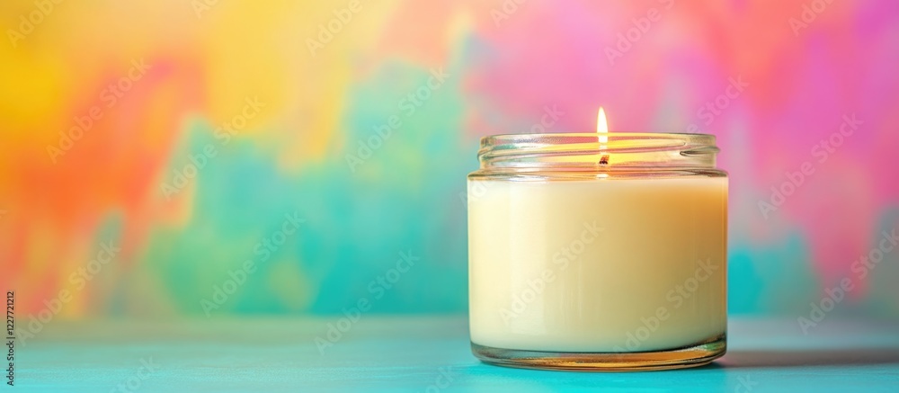 Poster soy candle in glass jar with soft glow on colorful background featuring generous copy space for text