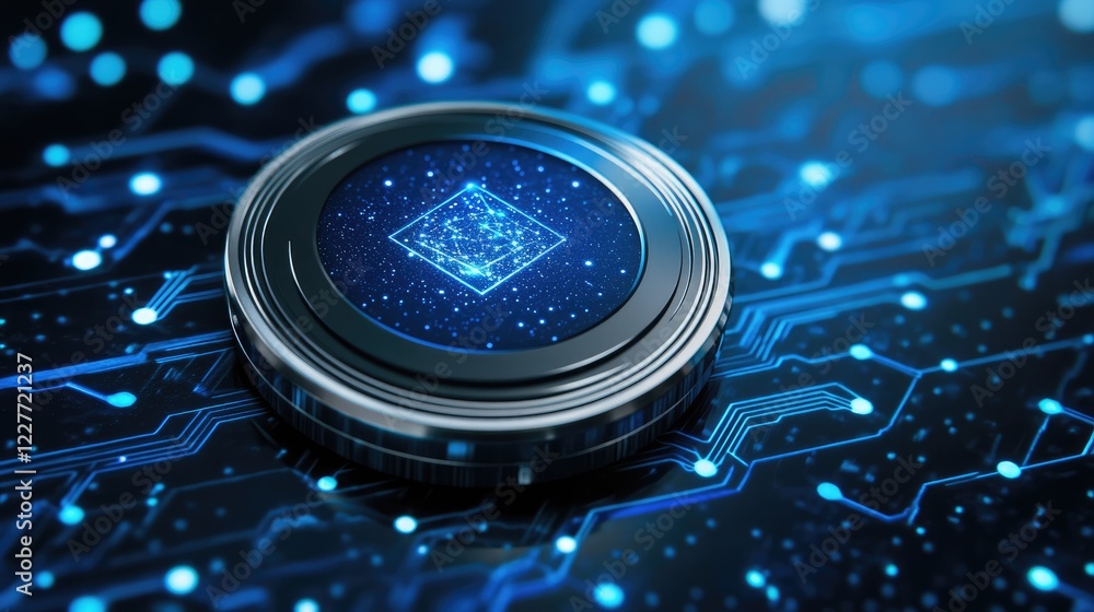 Poster Photon Challenge Coin Glowing in a High-Tech Style Abstract Background with Digital Circuit Patterns and Cosmic Elements