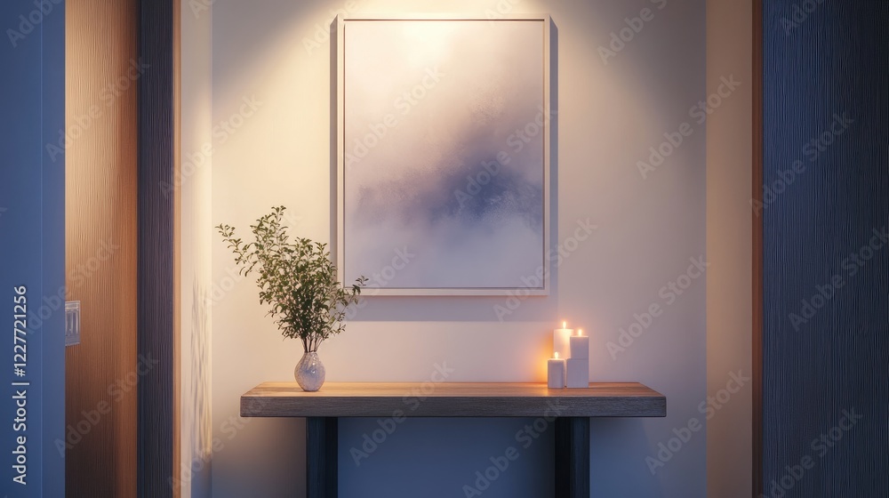 Aufkleber Elegant console table paired with minimalist wall art and soft lighting in a serene entryway setting featuring candles and greenery.