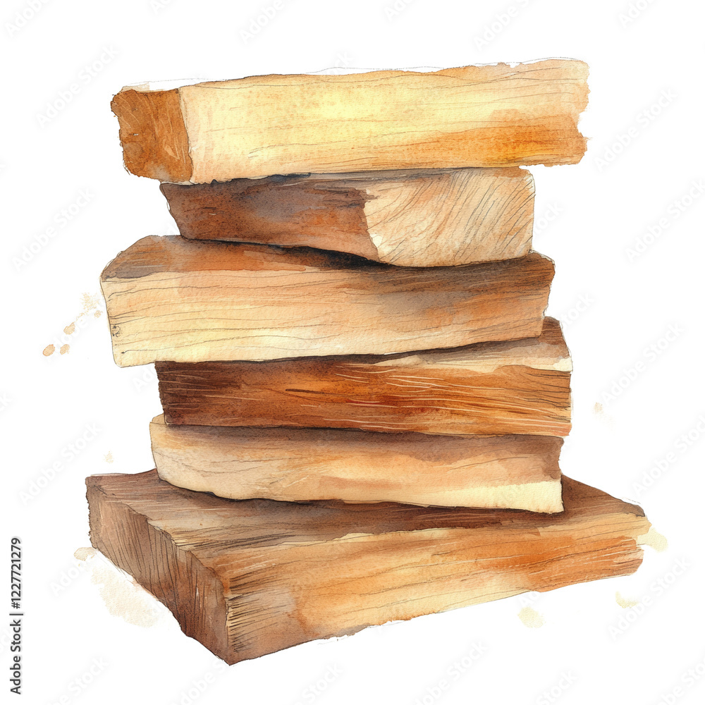 Poster a watercolor painting depicts a stack of five wood logs showing variations in color and texture.