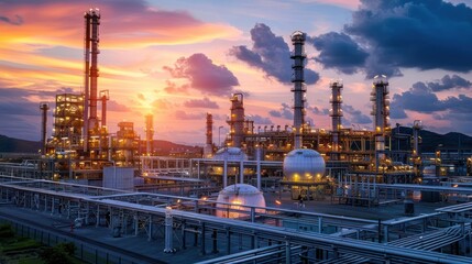 Industrial complex at sunset with towering smokestacks and vibrant sky reflecting activity