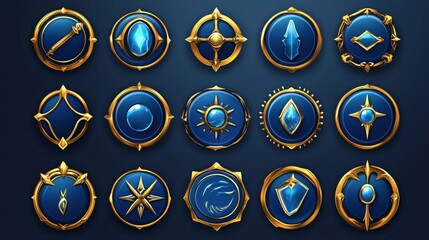 Colorful collection of ornate badges representing various achievements displayed on a dark background