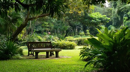 Tranquil garden seating area surrounded by vibrant greenery and lush plants in a serene outdoor setting.