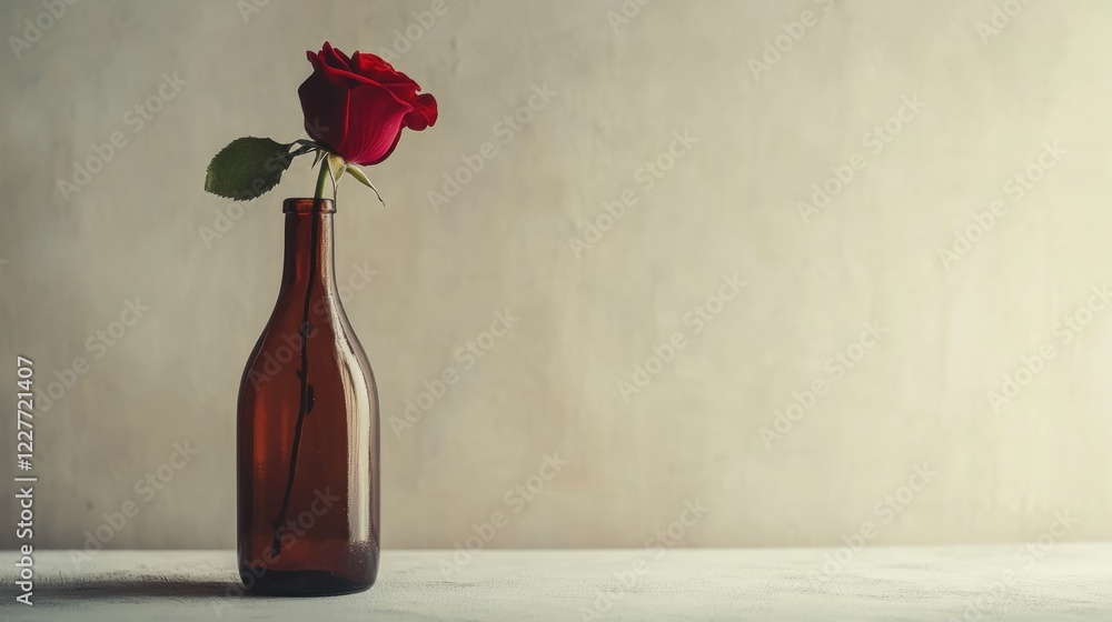 Aufkleber Elegant red rose in a brown glass bottle on a soft gray backdrop with ample negative space for text and design elements.