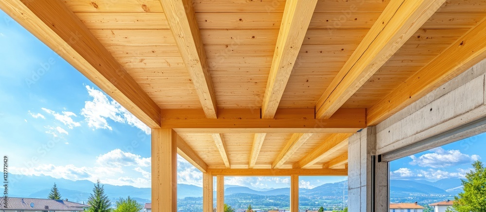 Poster engineered glulam timber beams structural wood ceiling design with open sky view and empty space for