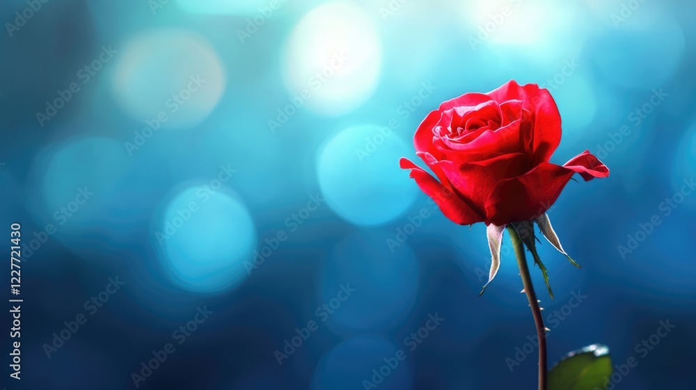 Aufkleber Elegant red rose against a dreamy blue bokeh background with ample space for personalized text or messaging.