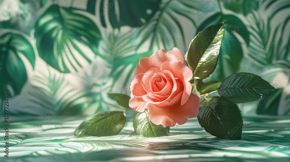 Poster peach rose elegantly placed on a table with lush green leaves creating a vibrant and serene floral b