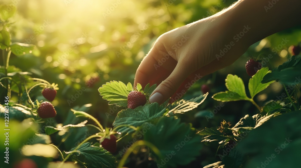 Poster hand harvesting fresh strawberries in a vibrant garden highlighting the connection to nature with am