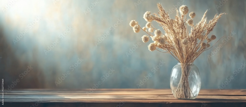 Poster glass vase with dried grass balls on rustic wooden table showcasing eco-friendly home decor and natu