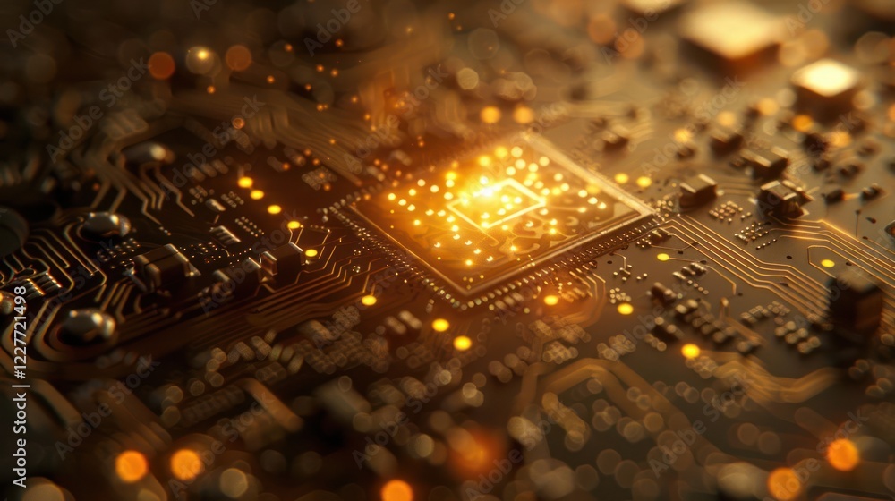 Aufkleber close-up view of a glowing microchip on a circuit board with intricate patterns and lights