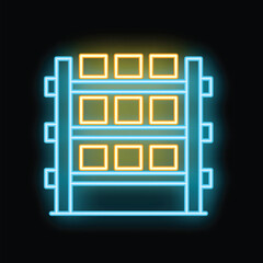 Neon glowing icon of warehouse shelves with cardboard boxes on black background