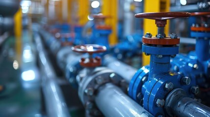 Fototapeta premium Industrial pipes and valves in a factory setting with blurred machinery in the background